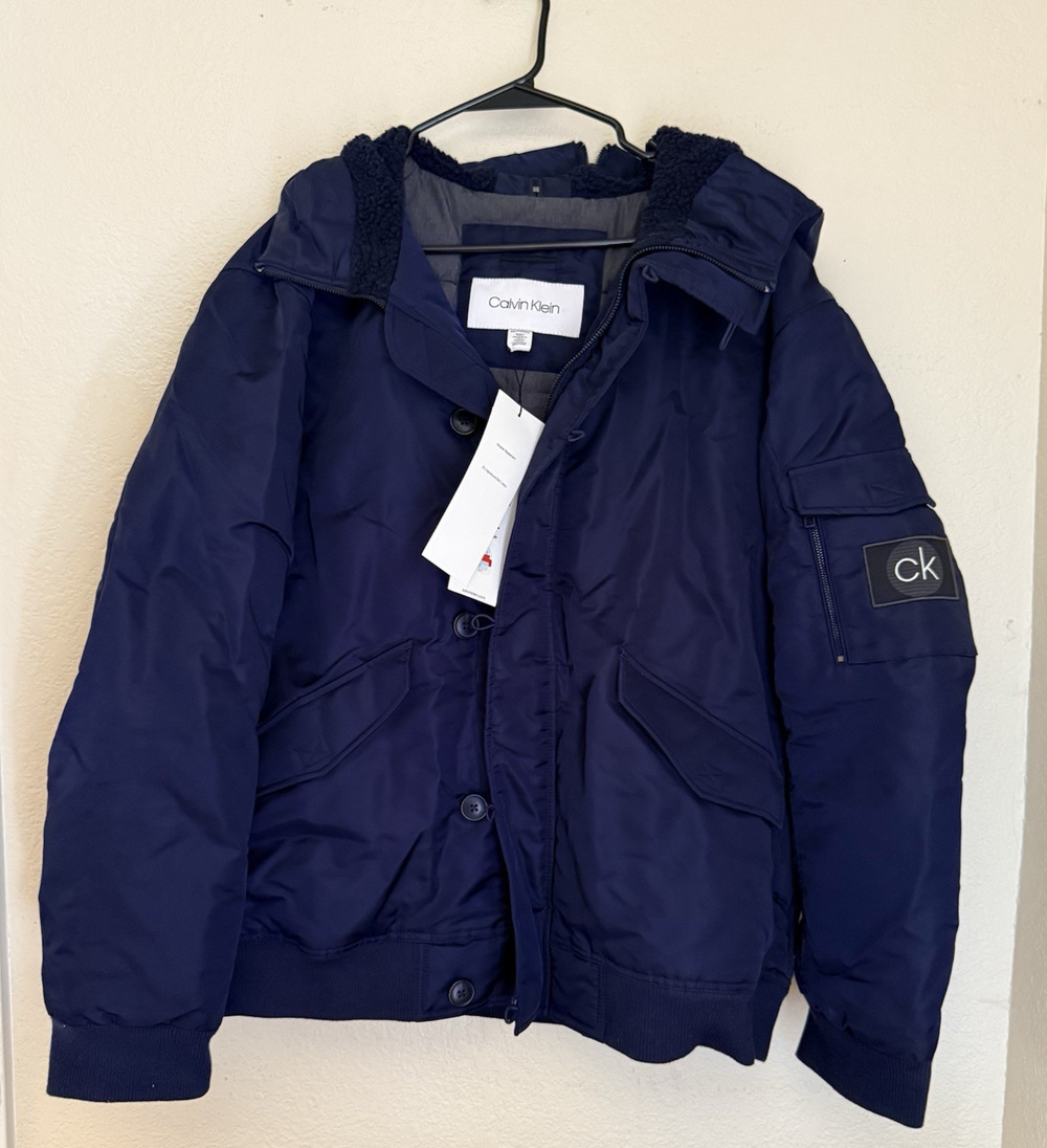 $228 Calvin Klein Oversized Hooded Water Resistant Puffer Bomber Jacket Navy 2XL